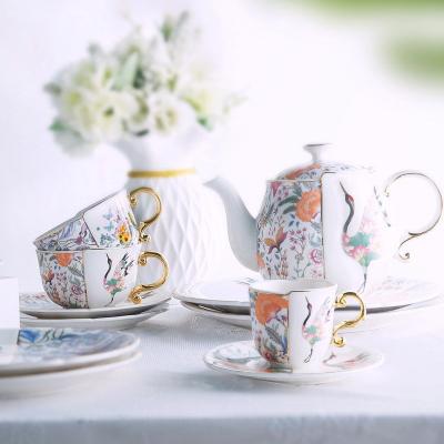 China Viable Retro European Parrot Coffee Tea Set Porcelain Irregular Ceramic Teapot and 2 Tea Cups and Saucers with Gold Rim for sale