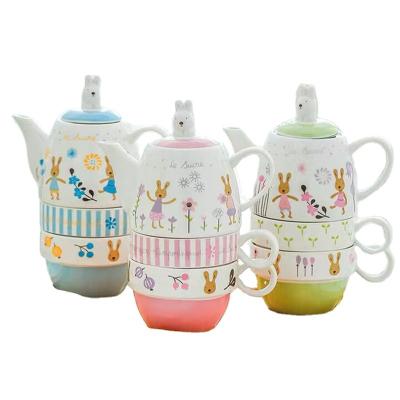 China Cute Viable Tea Set Stackable Cartoon Porcelain Coffee Porcelain Rabbit Afternoon One Teapot And Two Cups For Kids for sale