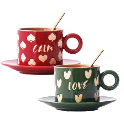 China Stocked Unique Red And Green Porcelain Espresso Cup And Saucer Coffee Cup And Saucer Sets With Spoon Color Gift Box for sale