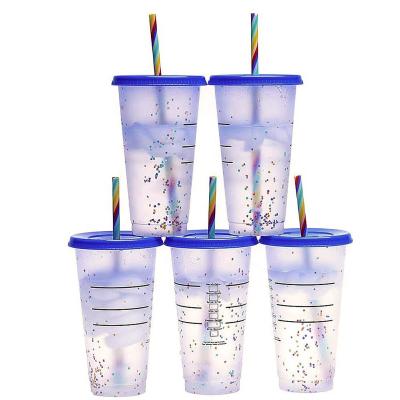 China Wholesale Viable Cool Rainbow Color Changing 16oz 24oz Confetti Plastic Cups With Lids And Straws for sale