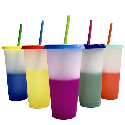 China 24oz 700ml viable whosale reusable tumblers clear cold pastel color changing plastic cups with lids and straws sets for sale