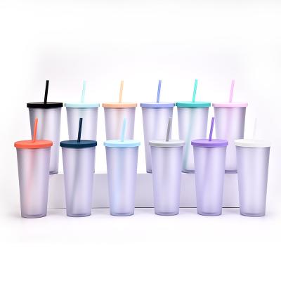 China Sustainable Reusable SK34 24oz 700ml Summer Collection Double Wall Hard Frosted Plastic Tumbler Cups With Straws for sale