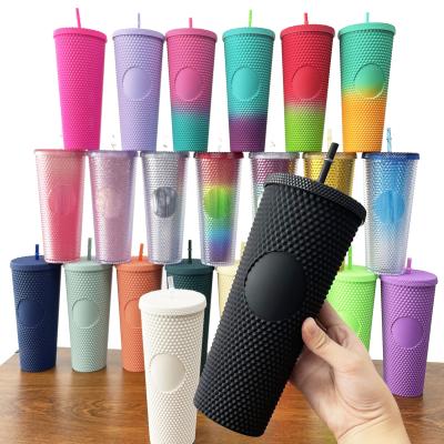 China 2022 Viable Amazon Tumblers 24oz Bobbi Pink Matte Black Studded Cup Double Wall Plastic Mug for sale