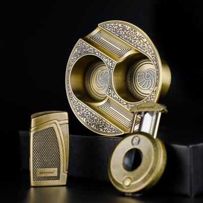 China Perfect Surface Handler Custom Lighter And Logo Round Metal Ashtray V Cutter Cigar Accessories Gift Sets for sale