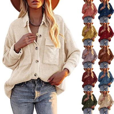 China Anti-Wrinkle Tops Corduroy Shirts Solid Color Casual Blouses With Turn-Down Collar Pockets Double Long Sleeve Jack Coat for sale