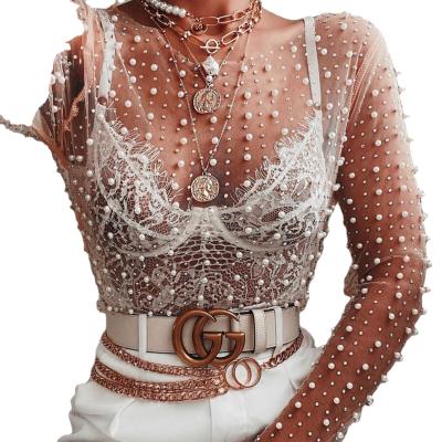 China Anti-pilling Pearl Transparent Cover Up Pearl Women Top Shirt Mesh Blouse Rhinestone Tank Top Cropped Long Sleeve for sale