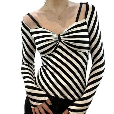 China QUICK DRY Zebra Print Long Sleeve Plus Size Women's T-Shirt Bottom Bars Slim Knitted Crop Top Bodycon Backless Blouse for sale