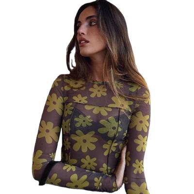 China QUICK DRY Mesh Shirt Perspective Micro Printed Floral Pullover Crop Tops Long Sleeve Shorts Bodycon Clothing For Women for sale