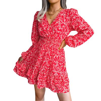 China Anti-Static Long Sleeve Casual Dress Women's Plus Peplum Print Fashion Spring Waist Chiffon Floral Dresses V-Neck for sale