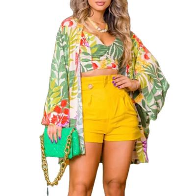 China Vocation Vacation QUICK DRY Casual Blouse Sets Loose Plus Size Wide Leg Long Sleeve Printed Shirt Floral Suspender Short Three Piece Suits for sale