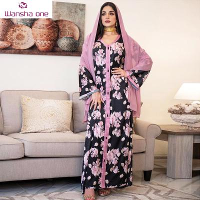 China Polyester Fancy Summer Floral Muslim Dress Middle East Clothing Dubai Abaya Islamic Kaftan Jalabiya For Women for sale