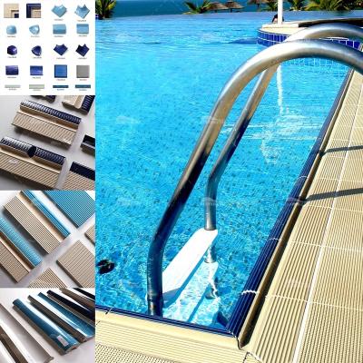 China Modern Exterior Standard Glazed Anti Slip Porcelain Border Ceramic Corner Facing Nosing Handle 240x115mm Pool Edge Tile Bullnose for sale