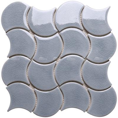 China Modern Hot Sale Factory Price Foshan Crack Glazed Glossy Gray Fan Shape Tile Shower Room Fish Scale Mosaic Tile for sale