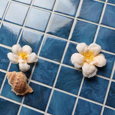 China Vintage Style 48x48mm Wave Pattern Modern Design Classic Blue Swimmimg Ceramic Mosaic Tiles For Swimming Pool for sale