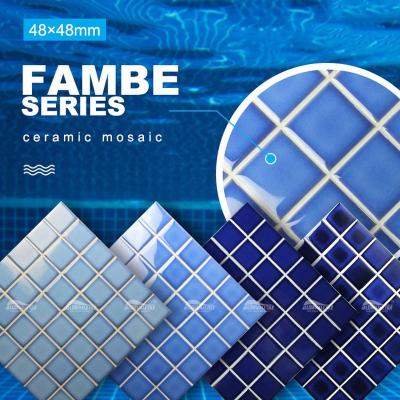 China Bluwhale Wholesale 48x48mm Modern Shiny Glazed Natural Blue Oven Fambe Mozaik Mosaic Tile Swimming Pool Projects for sale