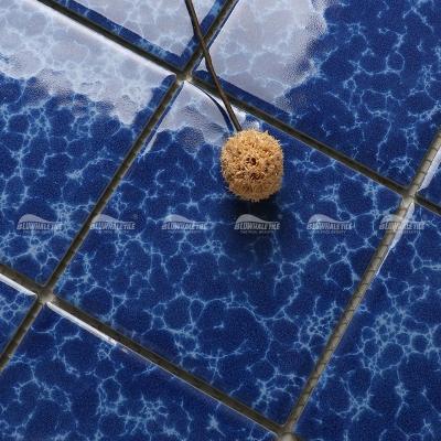 China Bluwhale Bathroom 6x6 Mosaics 97x97mm Modern Glossy Flower Pattern Glazed Dark Blue Ceramic Swimming Pool Tile Manufacturers for sale