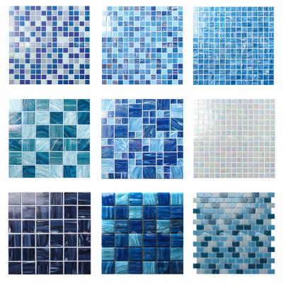 China Bluwhale Manufacturer Hot Melt Glass Mosaico Modern Blue Iridescent Mix Color Swimming Pool Mosaic Tile for sale