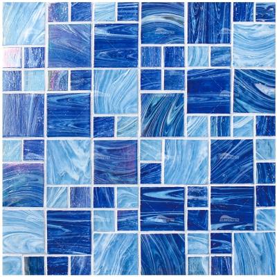 China Bluwhale Foshan Modern Mirror Hot Melt Manufacturer Mixed Iridescent Blues Pool Glass Mosaic Tile For Projects for sale