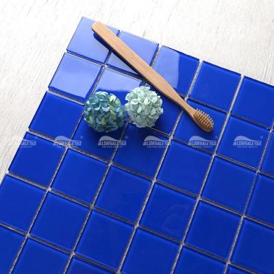 China Bluwhale Bathroom Shower Fountain Spa Decor Square 4mm Thick Modern Crystal Glass Tile For Swimming Blue Swimming Pool for sale