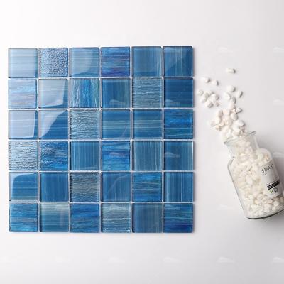 China Modern Wall Waterline Bathroom Shower Blue Bluwhale Mosaic Tiles Pool Tiles Crystal Hot Melt 2x2 Square Wall Glass Tiles Pool for sale