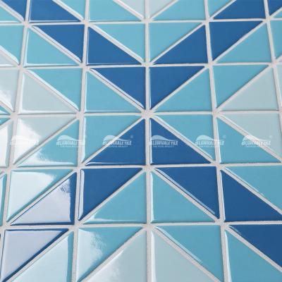 China Custom Mixing Kiln Modern Blue Glazed Triangle Tile Backsplash Pool Tiles Ceramic Mosaic for sale