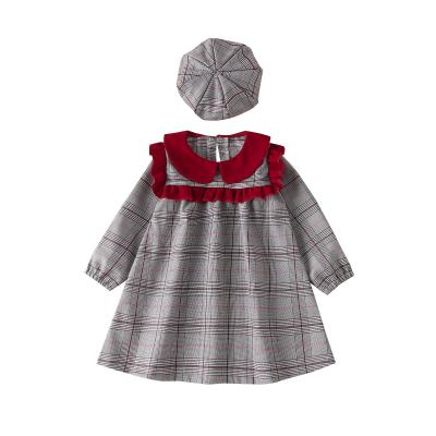 China Preppy Style Girls Dress Children Spring And Autumn College Style Skirt Kids Fashion Plaid Princess Little Dress Including Hat for sale