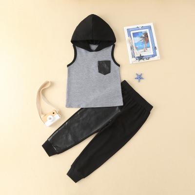 China Summer Boys Clothes Smart Casual Children's Hooded Vest Tops Two-Piece Black Pants Suit Kids Sports Suit for sale