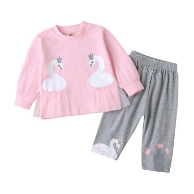 China Two-piece 100% cotton girls' autumn suits children's clothing suits with swan pattern girls small spring and autumn fashion clothes for sale