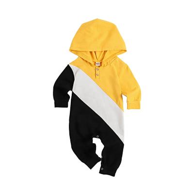 China Infant Casual 100% Color Matching Cotton Open File Jumpsuit Baby Stitching Hooded Romper Crawling Suit for sale