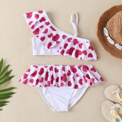 China Ruched-strap Girls Summer Swimsuit Set Children's Clothing Girls Love Pattern Bikini Set Baby Fashion Swimwear for sale