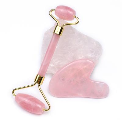 China Face Rose Quartz Jade Roller Set Facial Rose Quartz Roller Gua Sha Gua Sha Kit For Face for sale