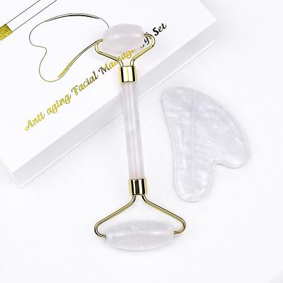 China High quality clear face quartz jade roller set white crystal gua sha beauty tool kit with box for gift for sale