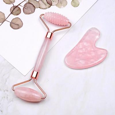 China Face Rose Quartz Jade Roller Kit Rose Quartz Jade Roller Gua Sha Massage Facial Set for sale