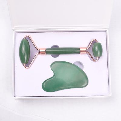 China Face Green JadeJ Gua Sha Roller Set Natural Aventurine Jade Guasha Facia Roller Kit for sale