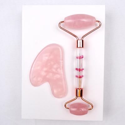 China Rose Quartz Face Roller Gua Sha Set Dry Flower Handle Fascia Roller Gua Sha Kit for sale