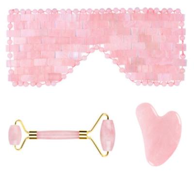 China 100% natural jade beauty kit body rose quartz roller gua sha stone facial eye mask 3 piece set as gift for sale