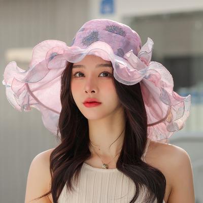 China New Image Style Mesh Sunshade Organza Flower Pot Hat With Large Brim Foldable Beach Sun Hat for sale