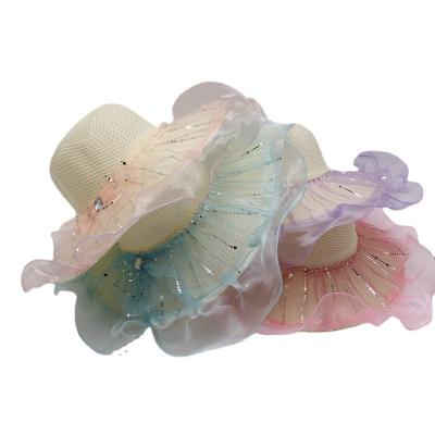 China Wholesale Picture Ribbon Lace Bow Mesh Hat Sunshade Organza Beach Sun Hat Women for sale