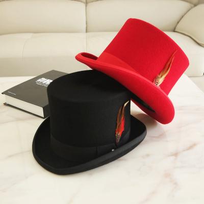 China Picture 100% Wool Fedora Hats Gents Formal Tuxedo Felt Black Top Presidential Hat With Feather for sale