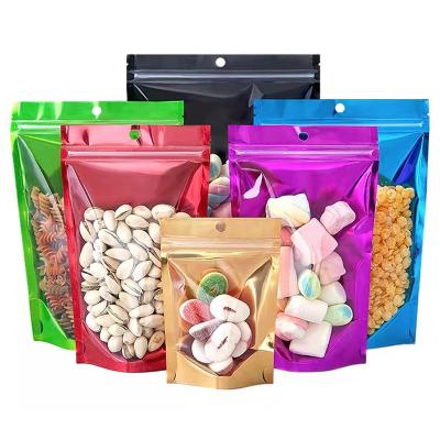 China Colorful Recyclable Front Clear Plastic Zipper Lock Aluminum Foil Zipper Food Bag With Hang Hole Mylar Bag Stand Up Pockets for sale