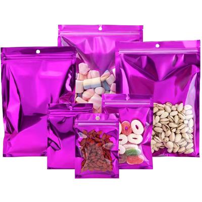 China Recyclable Food Grade Front Clear Purple Mylar Bag Powder Sample Packaging Zipper Lock Bag With Hang Hole Waterproof Mylar Zipper Bag for sale