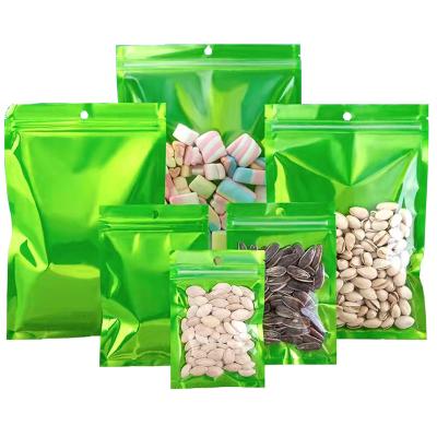 China Front Green Metallic Flat One Recyclable Clear Multisize Clear Side Aluminum Foil Food Package With Hang Hole Resealable Zip Lock Bag for sale