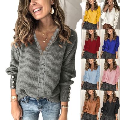 China Anti-wrinkle European and American loose sweater ladies sweater lace top solid color long-sleeved sweater for sale