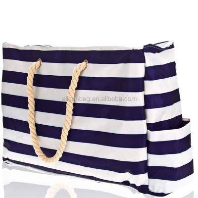 China Fashionable Custom Printed Stripe Summer Beach Bag Large Canvas Beach Bag With Outer Bottle Pocket for sale