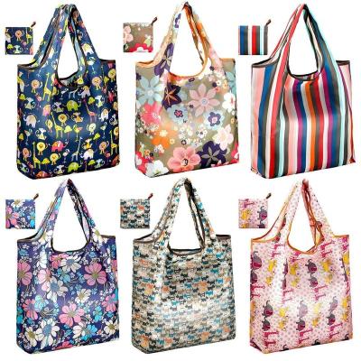 China Eco-Friendly 190T 210D Polyester Folding Eco-Friendly Reusable Custom Printing Grocery Bags Shoulder Key Chain Foldable Nylon Shopping Bag for sale