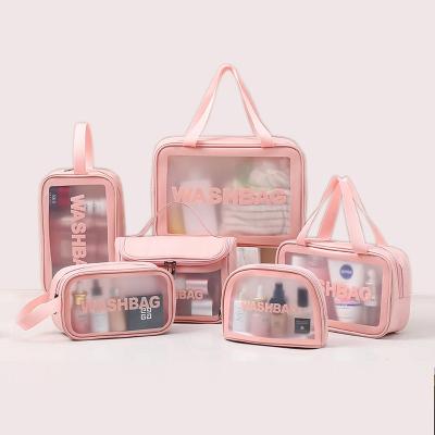 China Custom Cute Clear PVC Storage Wash Travel Vanity Cosmetic Bag Women Toiletry Bag Fashion Private Label Bag Pink PU PVC for sale