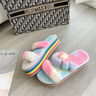 China Anti-Slippery Ladies Slippers Tie Up Fuzzy Girl Indoor Kids Plush Faux Fur Slippers Winter Slides For Women for sale