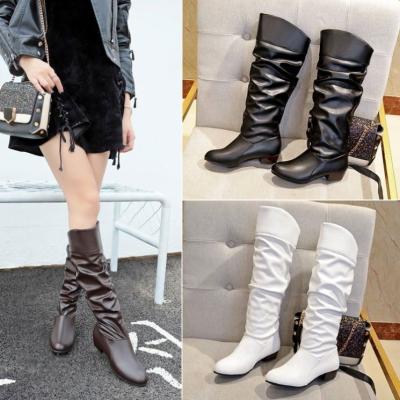 China Factory Wholesale Women's Other Lady PU Leather Knee Boots Ruched Buckle Shoes Winter Chunky Heel Boots for sale