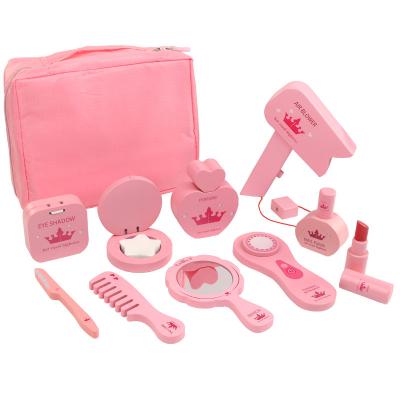 China Factory Wholesale Gift Girls Pretend Makeup Box Wooden Toy Makeups Set For Girls Makeup Kit With Cosmetic Case for sale