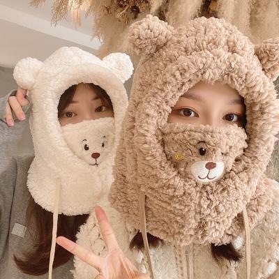 China Winter JOINT Simple Korean Riding Thicken Warm Windproof Mask Scarf One-piece Cute Bear Hat for sale